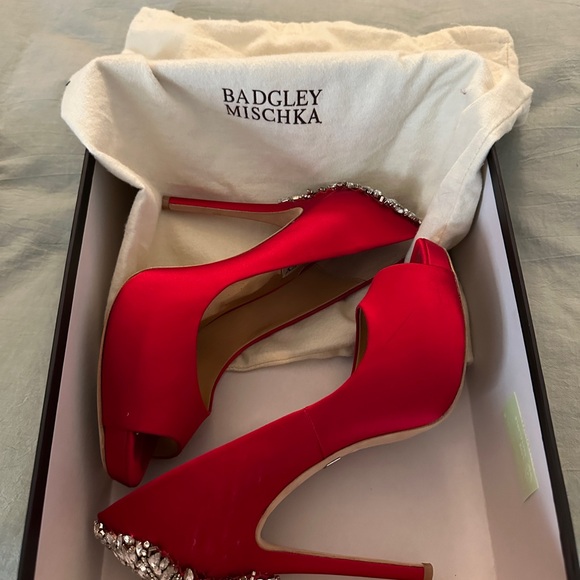 Badgley Mischka Kiara Red Stiletto Peep-Toe Heels - Picture 2 of 11